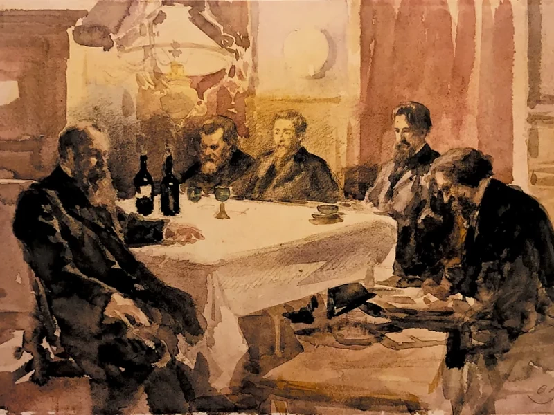 1856-Vasily Vasilyevich Mate - Fyodor Buchholz, Ilya Repin e i suoi amici nell'appartamento di Yevgeny Cavos, 1900
